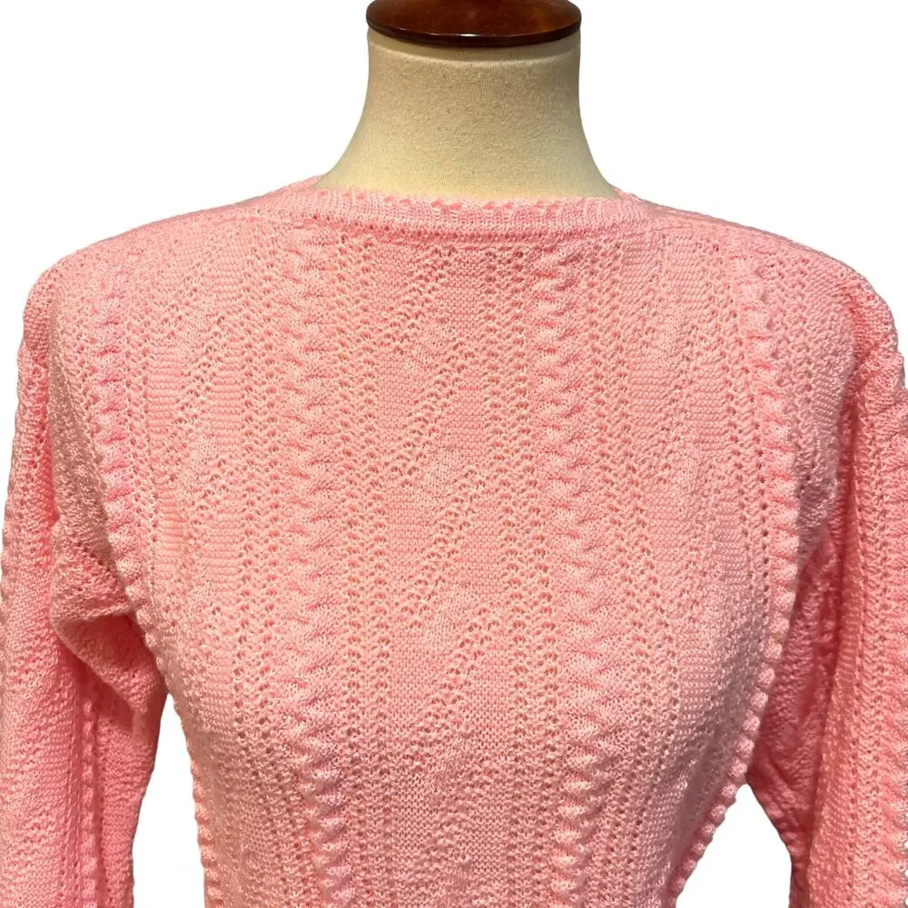 VTG Pink Textured Knit Sweater Style Cable Knit Soft Cozy Keren, Size Small